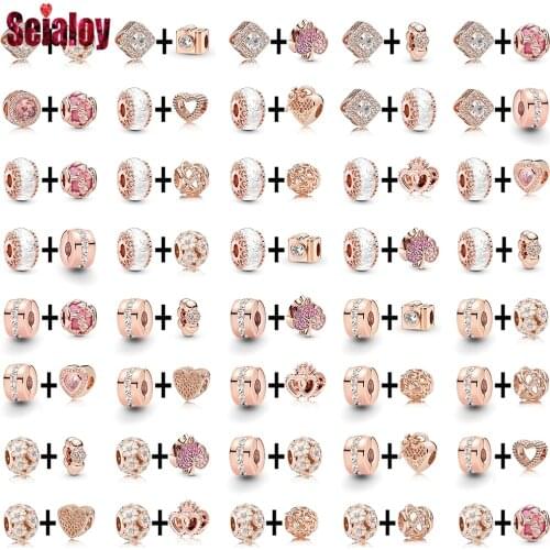 Seialoy White Round Crystal Beads Rose Gold Clip Charm Fit Original Girls Bracelets & Necklace Diy Women Jewelry Accessories