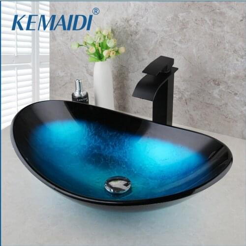 KEMAIDI Tempered Glass Hand Painted Waterfall Spout Basin Black Tap Bathroom Sink Washbasin Bath Brass Set Faucet Mixer Taps