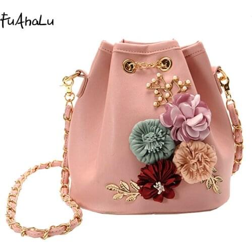 FuAhaLu New chain hit color flower bucket bag fashion female sweet shoulder Messenger bag