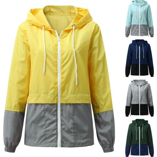 Ladies Jacket Casual Solid Color Stitching Zipper Pocket Waterproof Hooded Windbreaker Can Store Casual Sports Jacket