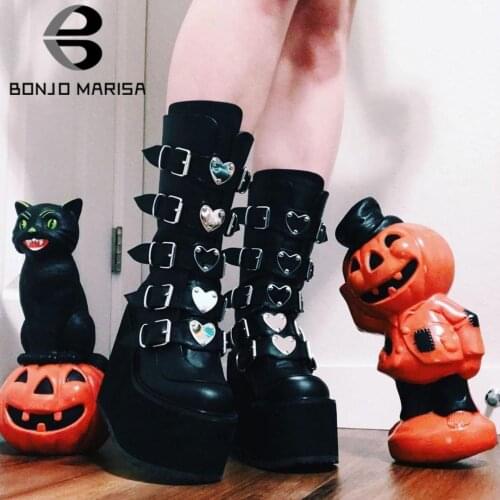 BONJOMARISA Brand Platform Wedges Goth Punk Motorcycle Combat womens Boots Heart Buckle Zipper Calf Autumn Boots For Women