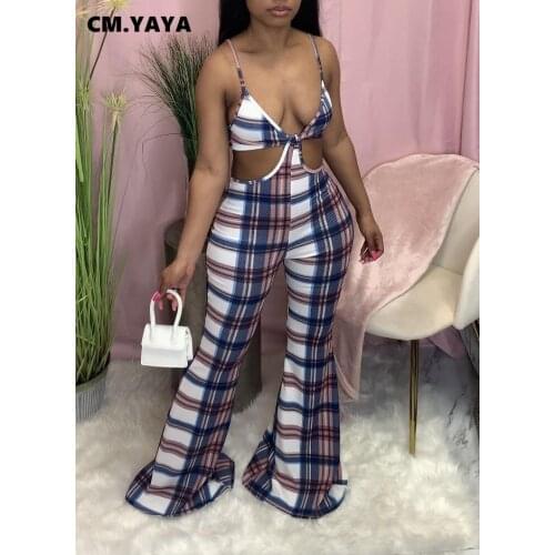 CM.YAYA Sexy Women Plaid Bow Up Flare Jumpsuit Beach Party Spaghetti Strap V-neck Cut Out Rompers High Waist Playsuit Overalls