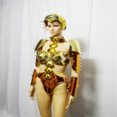 2pcs Gold mirror robot suit women stage catwalk wears performance bodysuit dj dress clothe bar show outfits armor costumes club