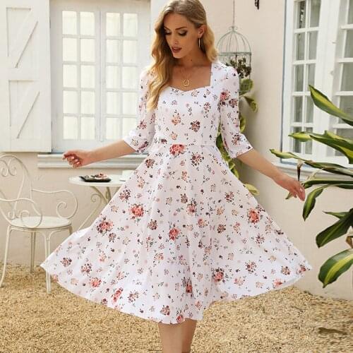 Summer White Printing New Womens Elegant Square Neck A-line Skirt Vestidos Fashion Fresh Retro Casual Beach Floral Dress