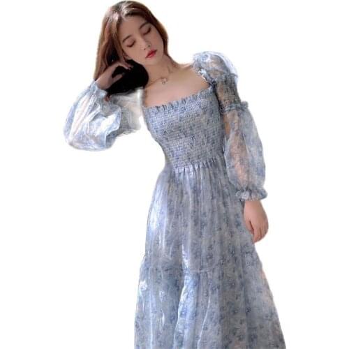 Womens French Style Style Lace Long Sleeve Square Neck Dress 2021 Spring/Summer New Korean Style Cake Midi Dresses