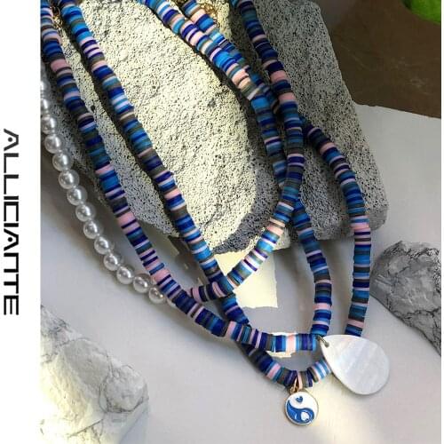 Boho Layered Blue Yin Yang Shell Clay Beaded Necklace For Women Soft pottery Handmade Bead Choker Personalized Jewelry Gift 2021
