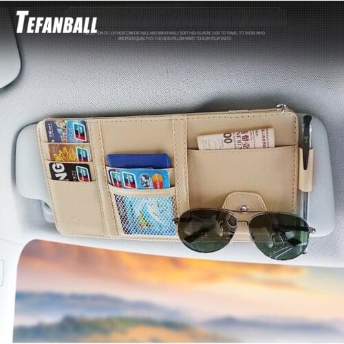Car Sun Visor Clip PU Leather Storage Bag Zipper Organizer Multi Function Sunglasses Credit Card Pen Pouch Pocket Accessories