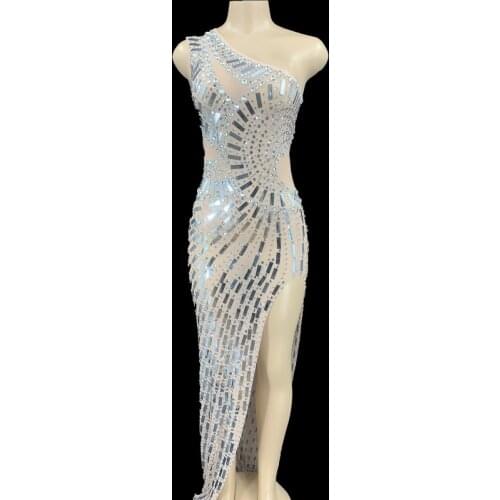 Sparkly Silver Sequins Rhinestone Mesh Perspective Single Sleeve Split Dress Prom Evening Birthday Celebrate Party Dresses