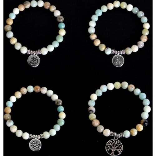 Amazonite Beaded Strand Bracelet for Women Charm Figure of Buddha Joss Prayer Religion Bracelets lotus-om Tree of Life Jewelry