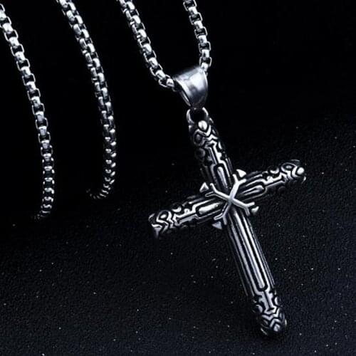 HNSP Vintage Carved Pattern Cross necklace pendant for Men Male