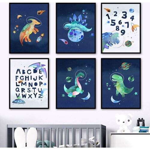 Cartoon Space Rocket Dinosaur Number Alphabet Wall Art Canvas Painting Nordic Posters And Prints Wall Pictures Kids Room Decor