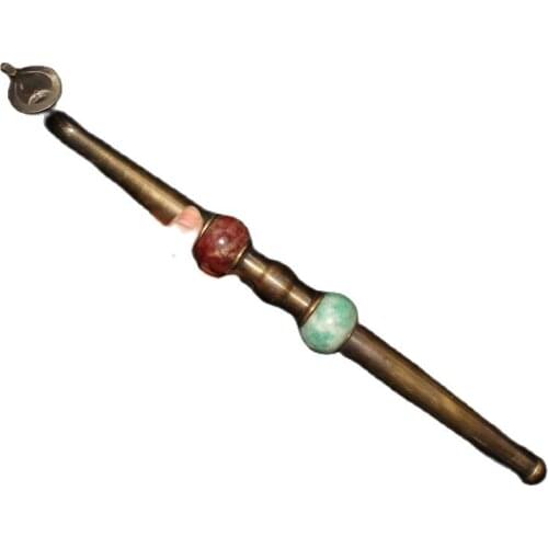 Chinese old craft Brass inlaid old jade finger pipe