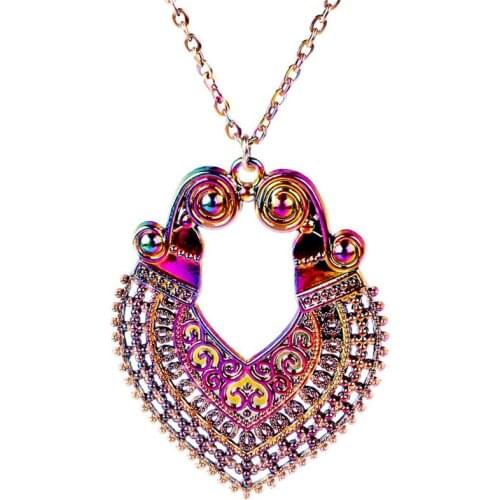 24024 Rainbow Color Alloy Ethnic Tibetan Big Hollow Drop Carved Flowers dangle Boho Necklace free Stainless Steel Chain Jewelry