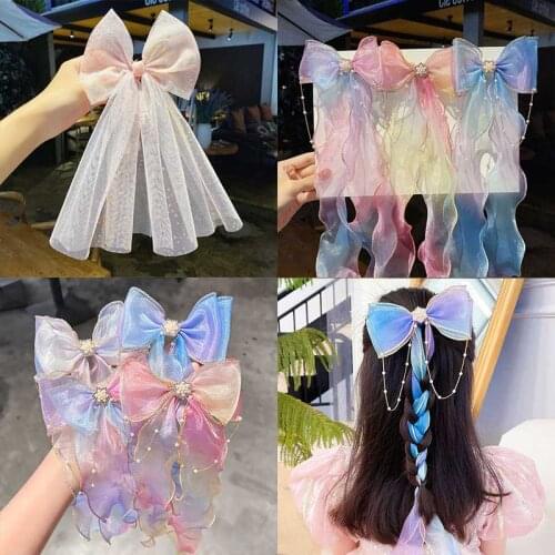 Colorful Chiffon Bow Hair Clip For Girls Children Sweet Long Ribbon Hairpins Decorate Hairgrip Headband Fashion Hair Accessories