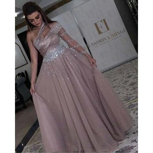 Fashion One Shoulder Beaded Long Sleeve Casual Formal Prom Dresses