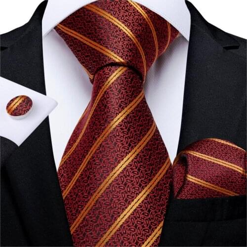 Men Tie Red Gold Striped Quality Wedding Tie For Men Hanky Cufflink Silk Tie Set DiBanGu Novelty Design Business MJ-7316