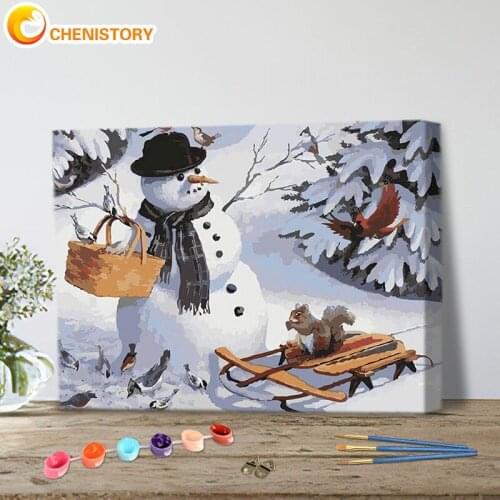 CHENISTORY DIY Pictures By Number Snowman Kits Drawing On Canvas Winter Landscape Handpainted Paintings Gift Home Decor