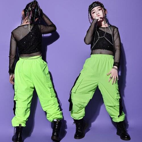 2021 New Jazz Dance Costumes For Girls Black Mesh Tops Loose Pants Suit Kids Hip Hop Dance Clothing Street Dance Outfits DN8248