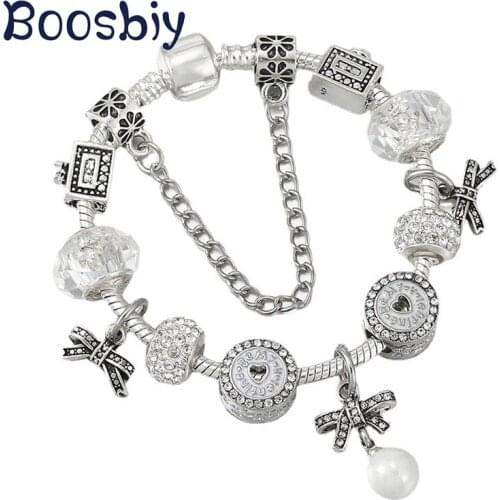 New Design Silver Color Bow Pearl Charms Pendants Fit Snake Chain Charm Bracelet For Women DIY Brand Alloy Jewelry Gift