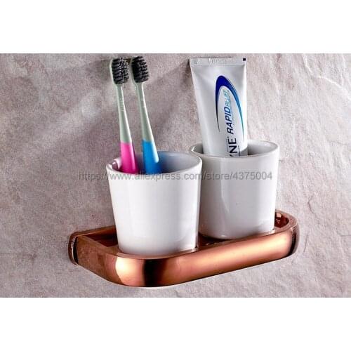 Luxury Bathroom Rose Golden Polished Toothbrush Holder Solid Brass Base Dual Ceramics Cups Wall Mounted Nba870