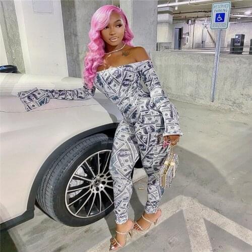 Imcute Sexy Fashion Print Off Shoulder Crop Tops+Pants Leggings Womens Casual Long Sleeve Bodycon Clubwear Matching Outftis Sets