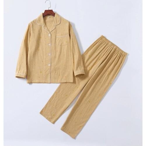 Spring Autumn 100% Cotton Pajamas Set Jacquard Long-Sleeved Trousers Casual Home Suit S-2XL Pyjamas Women Large Size Pijama