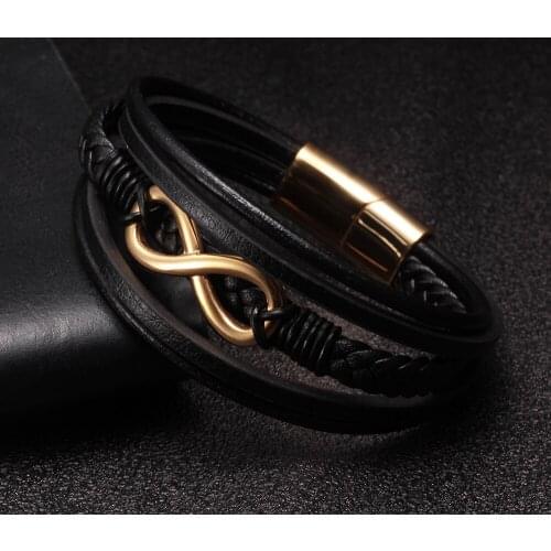 Vintage Brand Black Genuine Leather Men Women Bracelets Multi-layer Braided Stainless Steel Chain Link Cuff Charm Bracelets