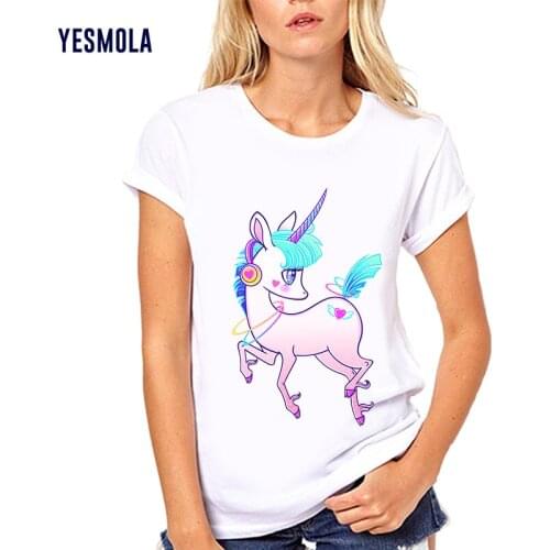 YESMOLA Womens T-shirt Print Cartoon Unicorn O-neck Tops Ulzzang Harajuku Streetwear T-shirt Korean Grunge Female Casual Shirt