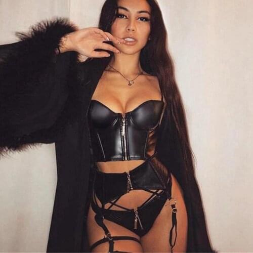 Women Sexy PU Leather Zipper Camis Top Fashion Spaghetti Strap Slim Cropped Top Black Fitness Camisole Black Sexy Lingerie