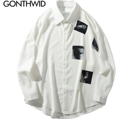 GONTHWID Creative Print Long Sleeve Dress Shirts Hip Hop Harajuku Urban Casual Button Donw Streetwear Shirt Tops Fashion Shirts