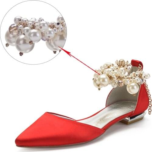Luxury Pearl Ankle Strap Wedding Flats Pointed Toe Satin Women Shoes Elegant Ballerinas White Evening Party Flats Summer