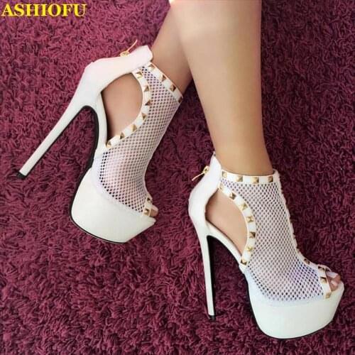 ASHIOFU Handmade Womens High Heel Sandals Rivets Spikes Party Prom Club Shoes Air-mesh Night-club Evening Fashion Sandals Shoes