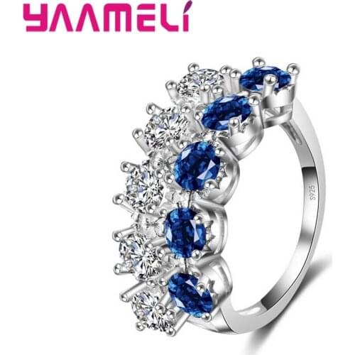 Women Sparkling Round Rhinestone White & Blue AAA+ Austrian Crystal Women/Girl Fashion Engagement Rings 925 Silver