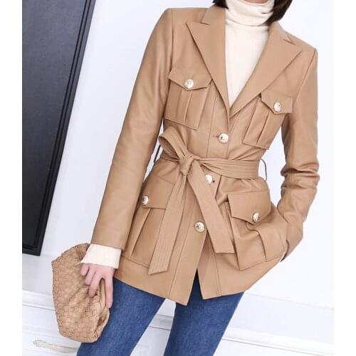 2021 Spring autumn womens genuine leather belt blazers jackets england style pockets coat C633