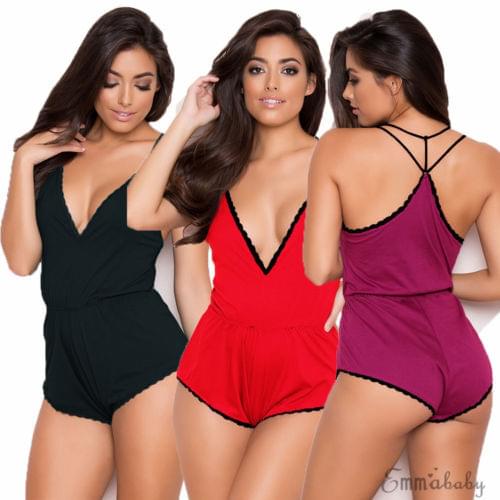 Women One-piece Sexy Bodysuit Ladies V-neck Lace Satin Nightwear Robe Sleepwear Clothing