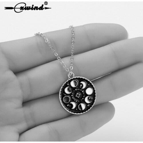Cxwind Moon Phase Necklace Galaxy Chocker Necklaces For Women Black Enamel Geometric Round Pendant Moon Crecent Charm Chokers