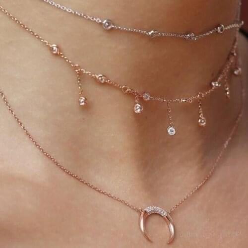 925 sterling silver Cz Round Bezel moon charm Necklace Hot Sale Delicate Curved Moon horn 925 silver dainty elegance jewelry