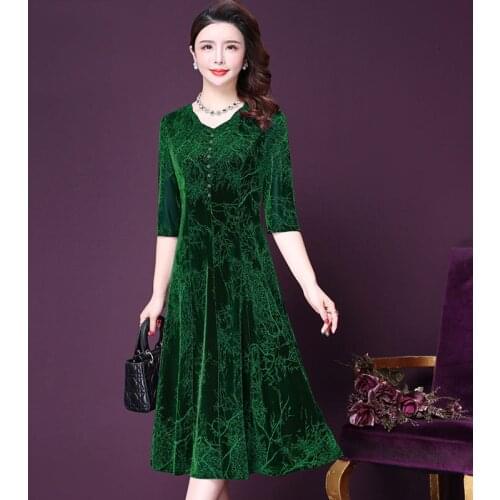 Temperament Bead Half Sleeve V-neck A-line Purple Green Wine Red Champagne Simple Party Plus Size Vintage Dress Women