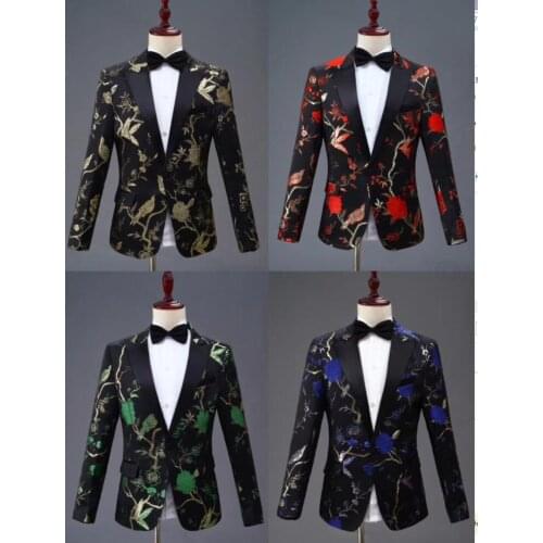 2018 Latest Coat Pant Designs Mens Fashion Gold Green Red Jacquard Embroidery Woodpecker Pattern Suit Jacket Blazer Stage Cl