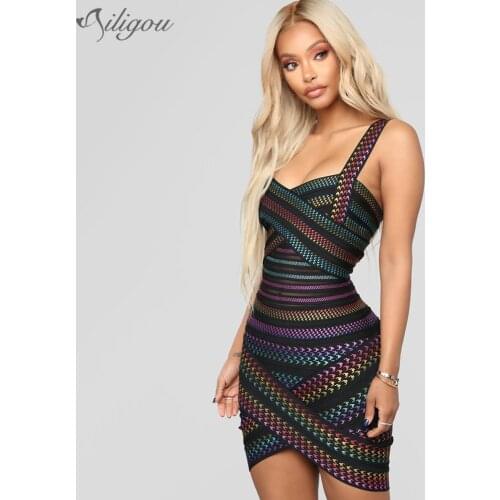 Ailigou 2021 Ladies Sexy V-neck Bandage Cross Stripe Print Mini Dress Summer Ladies Sleeveless Club Party Dress Women Vestidos