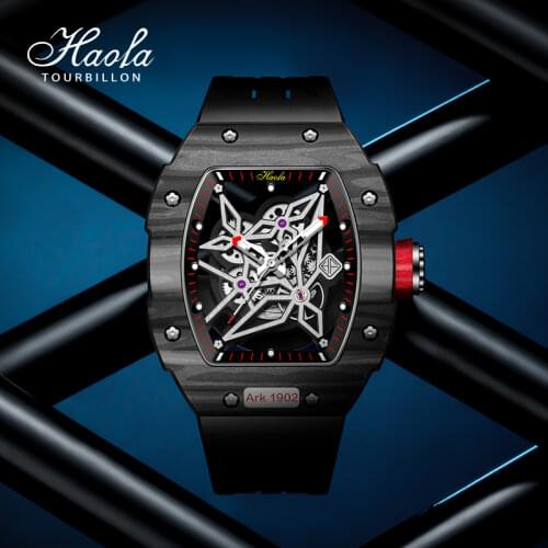 HAOFA Skeleton Watch Movement Automatic Self Wind Mechanical Watch For Men 44mm Sapphire Carbon Fiber Watches montre homme sport