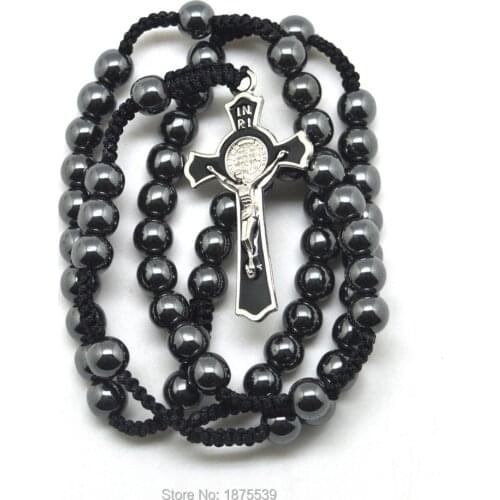 St Benedict Cross Black and Blue Hematite Beads Woven Rosary For Men