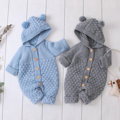 Baby jumpsuit autumn and winter childrens fur ball hooded knitted jumpsuit romper