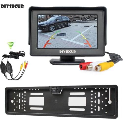DIYSECUR Wireless Waterproof European Car License Plate Frame Rear View Backup Camera + 4.3 inch LCD Display Car Monitor