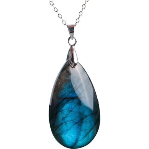 Precious Strong Blue Lights Natural Labradorite Gems Stone Crystal Water Drop Bead Necklace Charm Pendant 36x23x10mm