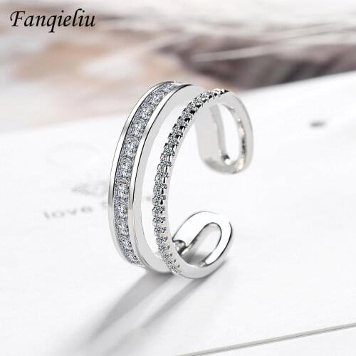 Fanqieliu C Shape Cuff Ring Double Layer Wedding Bands Crystal 925 Sterling Silver Ring For Women FQL20293