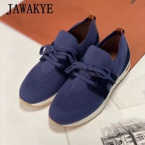 Comfort Women Walk Shoes Knitting Lace Up Flat Sneakers Stretch Ladies Sock Shoes Breathable Loafers Luxury Wool Casual Shoes