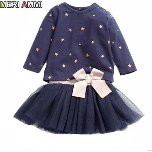 MERI AMMI 2pcs Outfit Set Baby Girl Clothing Suit Bow Stars T-shirt +Skirts With Bowknot For Children Girl 2-9Year