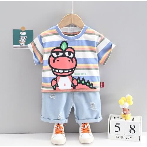 Baby Set Boys Clothing 2021 Summer Casual Cotton Kids Cartoon Striped T-shirt+Ripped Jeans Fashion Toddler Girls Clothes Outfits