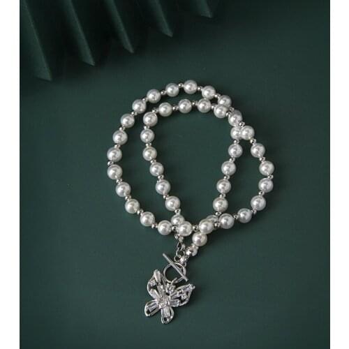 Korean Style S925 Sterling Silver Necklace Ins2020 Cool New Style Zircon Pearl Butterfly Necklace Female Elegant Silver Charm